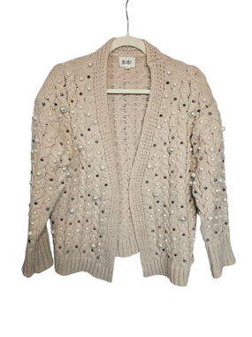 BiBi Pearl Bead Embellished Cable Knit Cardigan Cream Tan Size S EUC Chunky Boho
